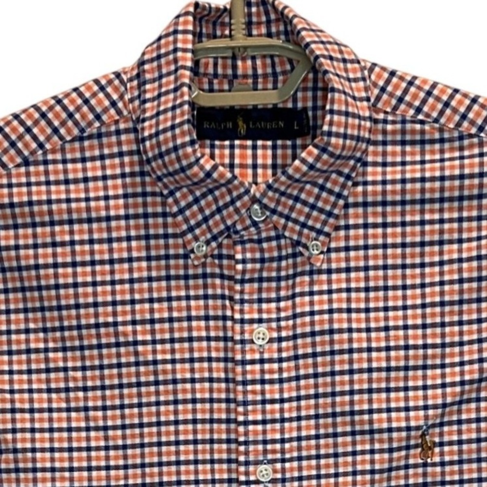 Ralph Lauren Button Down Shirt Large Men's Orange Navy Gingham Check Long Sleeve